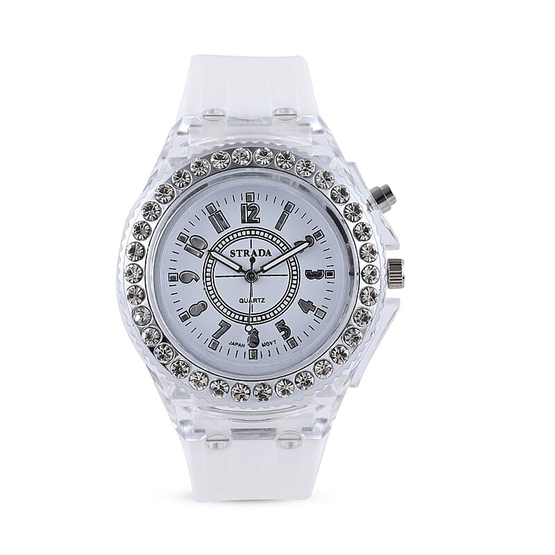 Strada Austrian Crystal Japanese Movement Watch with White Silicone Strap (25.40 mm) (6.0-7.75 Inches)