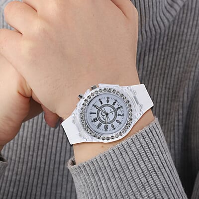 Strada Austrian Crystal Japanese Movement Watch with White Silicone Strap (25.40 mm) (6.0-7.75 Inches)