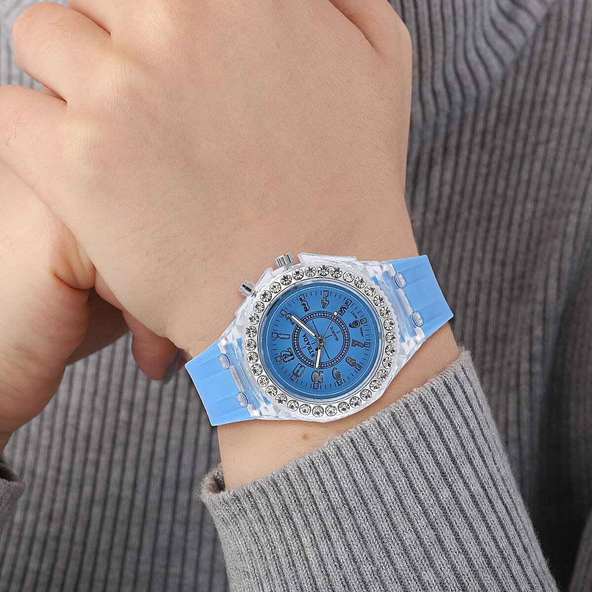 Strada Austrian Crystal Japanese Movement Watch with Sky Blue Silicone Strap (20 mm) (6.5-8.5 Inches) image number 2