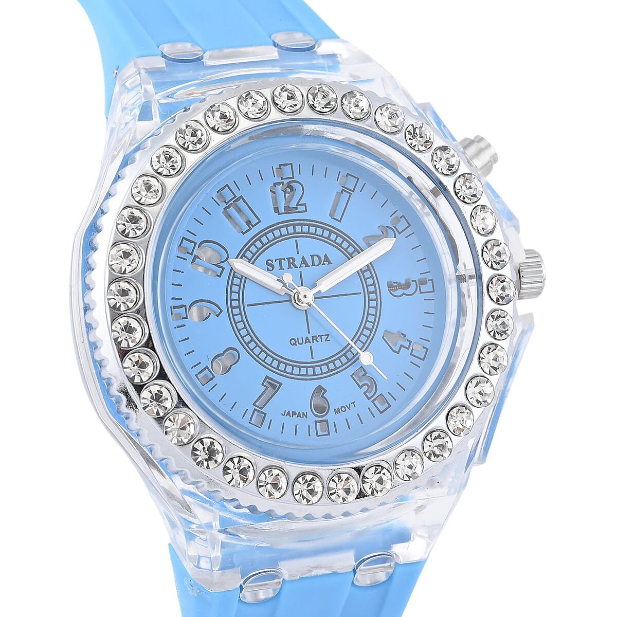 Strada Austrian Crystal Japanese Movement Watch with Sky Blue Silicone Strap (20 mm) (6.5-8.5 Inches) image number 3