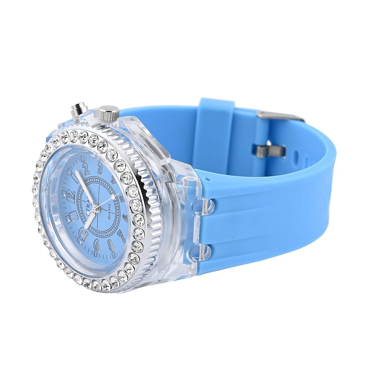 Strada Austrian Crystal Japanese Movement Watch with Sky Blue Silicone Strap (20 mm) (6.5-8.5 Inches) image number 4