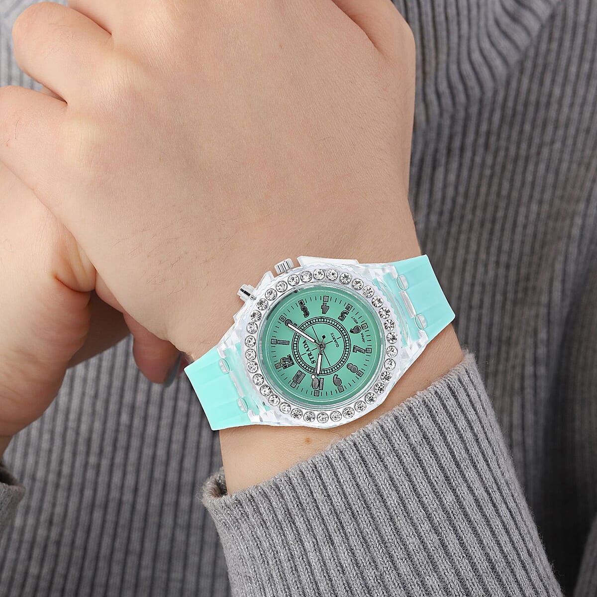 Strada Austrian Crystal Japanese Movement Watch with Mint Green Silicone Strap (25.40 mm) (6.0-7.75 Inches) image number 2