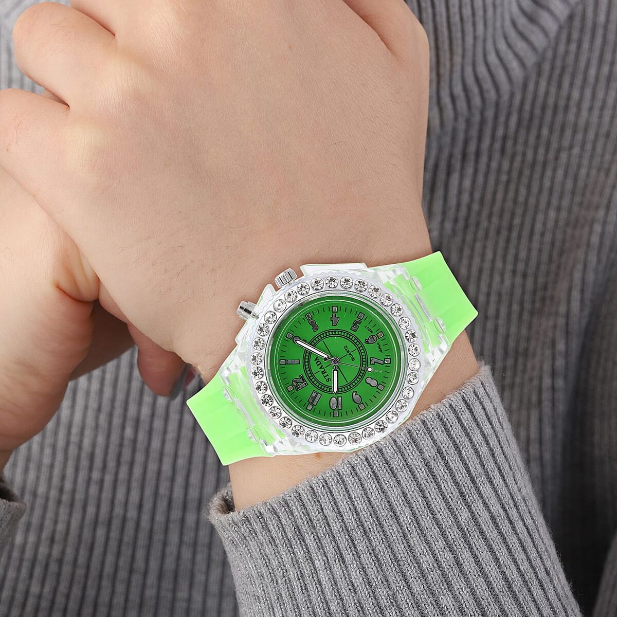 Strada Austrian Crystal Japanese Movement Watch with Fluorescent Green Silicone Strap (25.40 mm) (6.0-7.75 Inches) image number 2