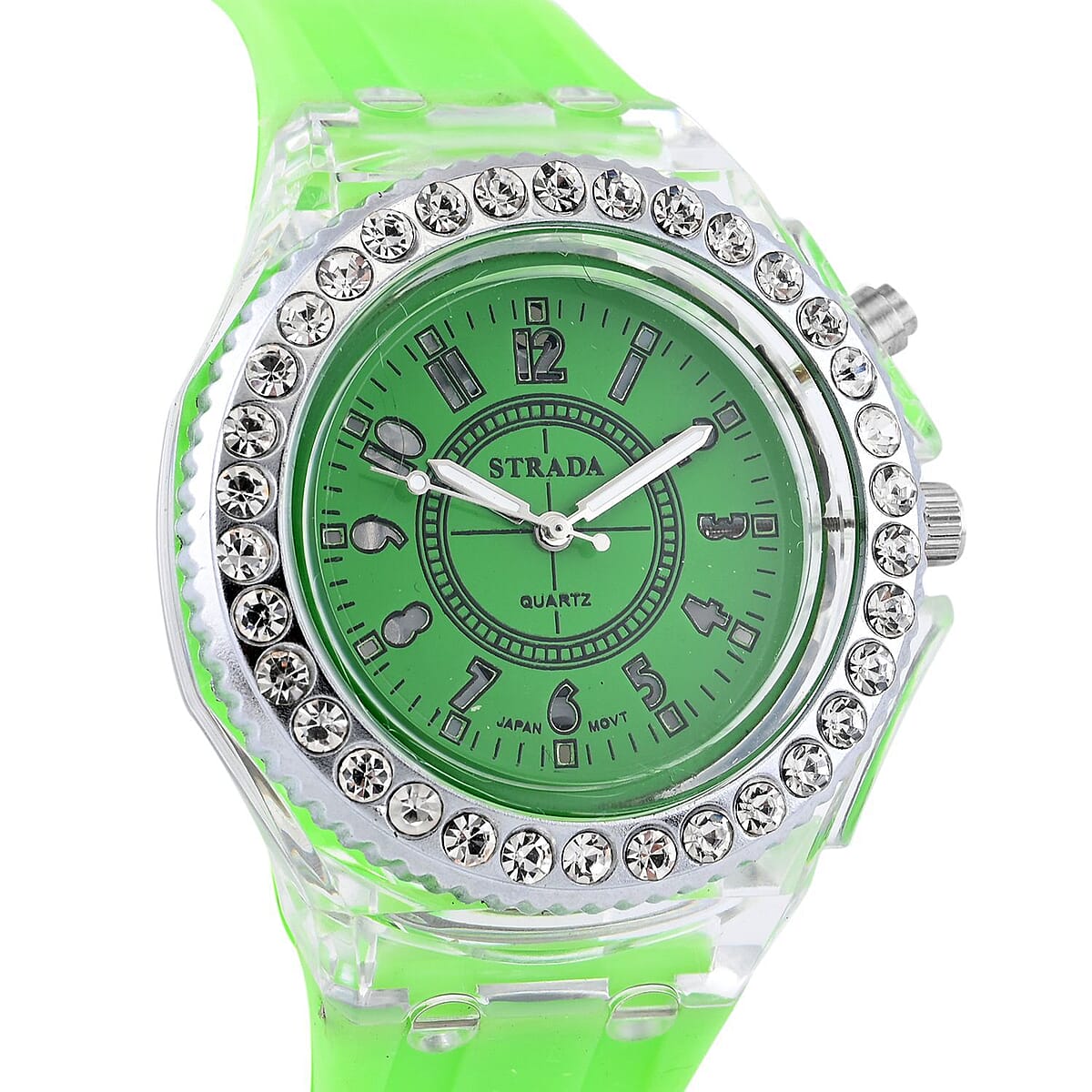 Strada Austrian Crystal Japanese Movement Watch with Fluorescent Green Silicone Strap (25.40 mm) (6.0-7.75 Inches) image number 3