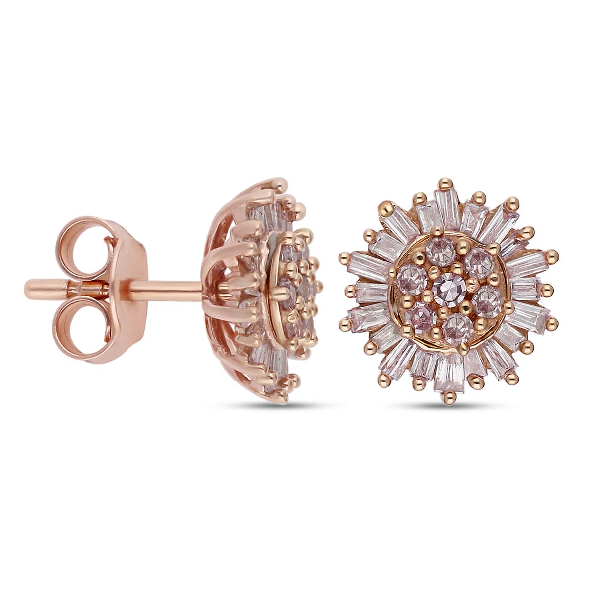 Natural Pink Diamond I3 Sunburst Earrings in Vermeil Rose Gold Over Sterling Silver 0.50 ctw image number 3