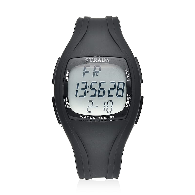 Strada Japanese and Electronic Movement Multifunctional Key Led Dial Watch with Black Silicone Strap