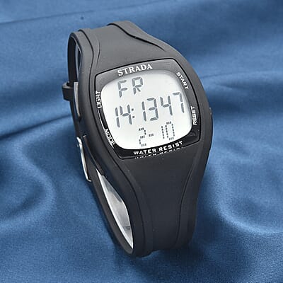 Strada Japanese and Electronic Movement Multifunctional Key Led Dial Watch with Black Silicone Strap