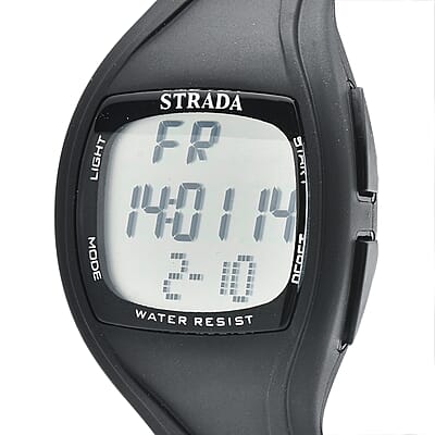 Strada Japanese and Electronic Movement Multifunctional Key Led Dial Watch with Black Silicone Strap