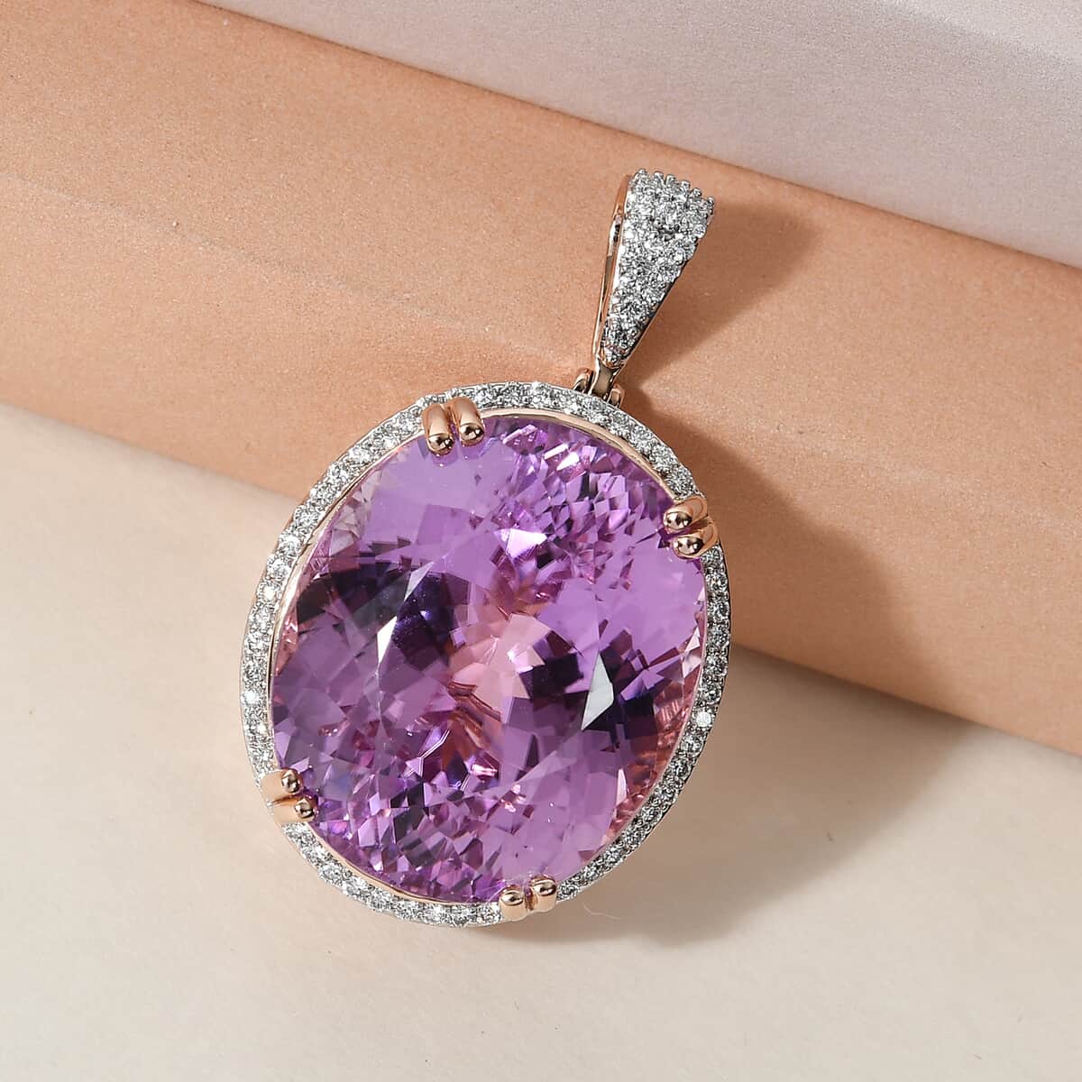 ILIANA 18K Rose Gold AAAA Kunzite and Diamond G-H SI1 Halo Pendant 11.25 Grams 70.40 ctw image number 1