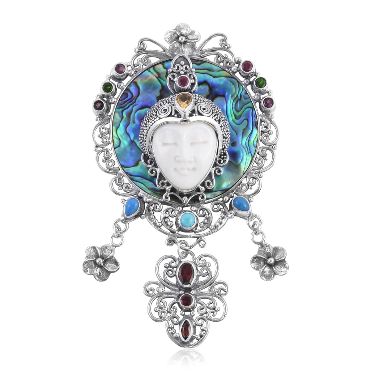 BALI GODDESS Carved Bone and Multi Gemstone Pendant in Sterling Silver 21.35 Grams 2.90 ctw image number 0