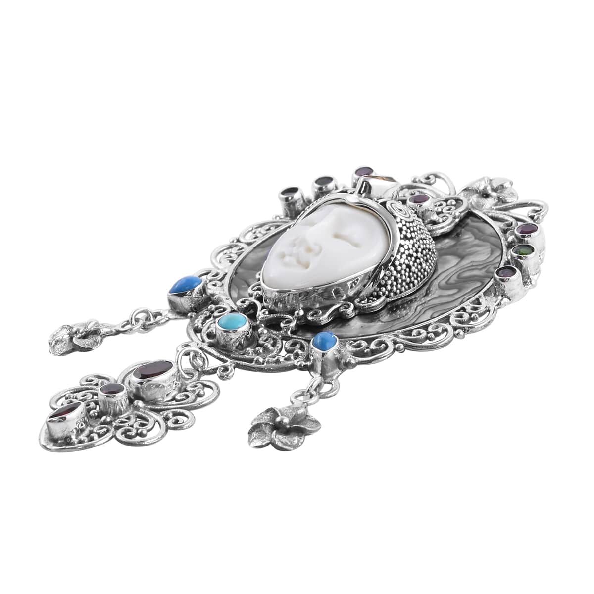 BALI GODDESS Carved Bone and Multi Gemstone Pendant in Sterling Silver 21.35 Grams 2.90 ctw image number 2