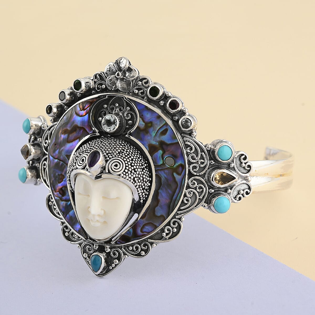 Bali Goddess Carved Bone and Multi Gemstone Bangle Bracelet in Sterling Silver (7.50 In) 41.50 Grams 3.40 ctw image number 1