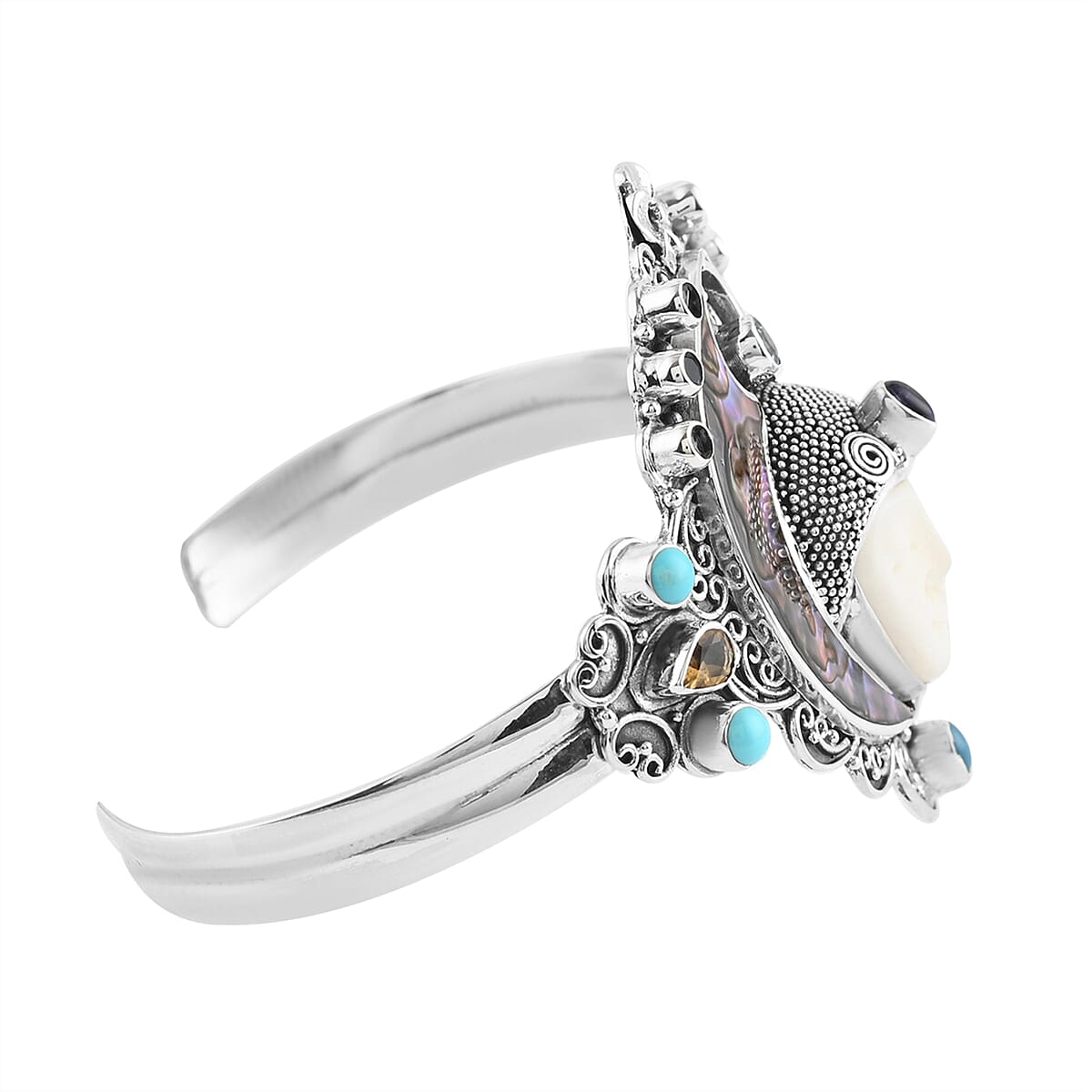 Bali Goddess Carved Bone and Multi Gemstone Bangle Bracelet in Sterling Silver (7.50 In) 41.50 Grams 3.40 ctw image number 2