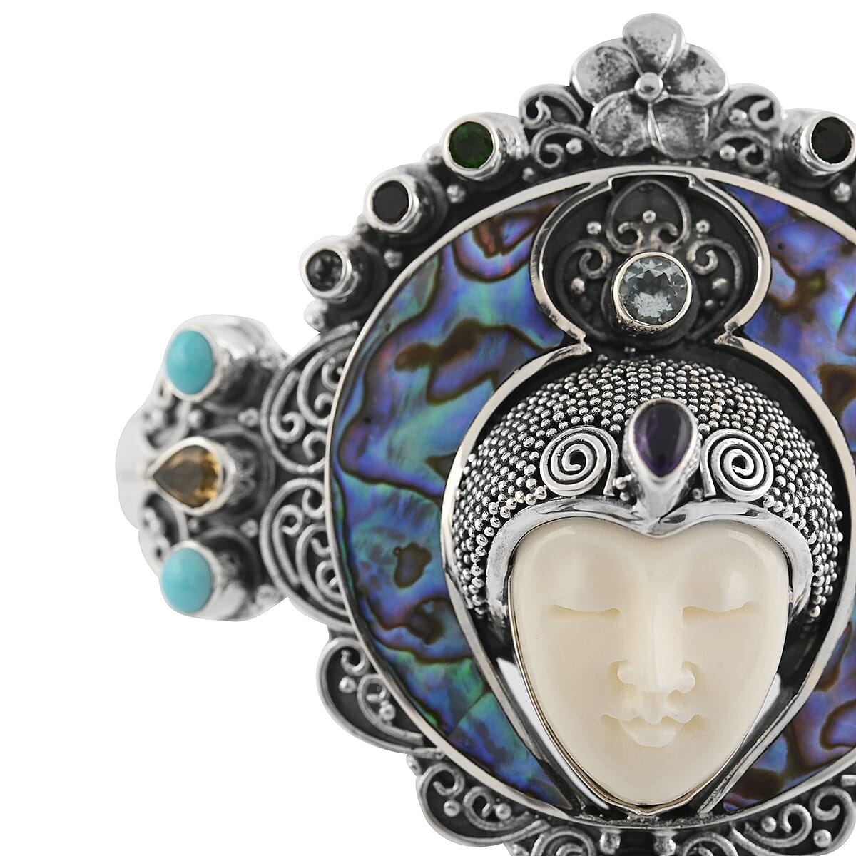 Bali Goddess Carved Bone and Multi Gemstone Bangle Bracelet in Sterling Silver (7.50 In) 41.50 Grams 3.40 ctw image number 3