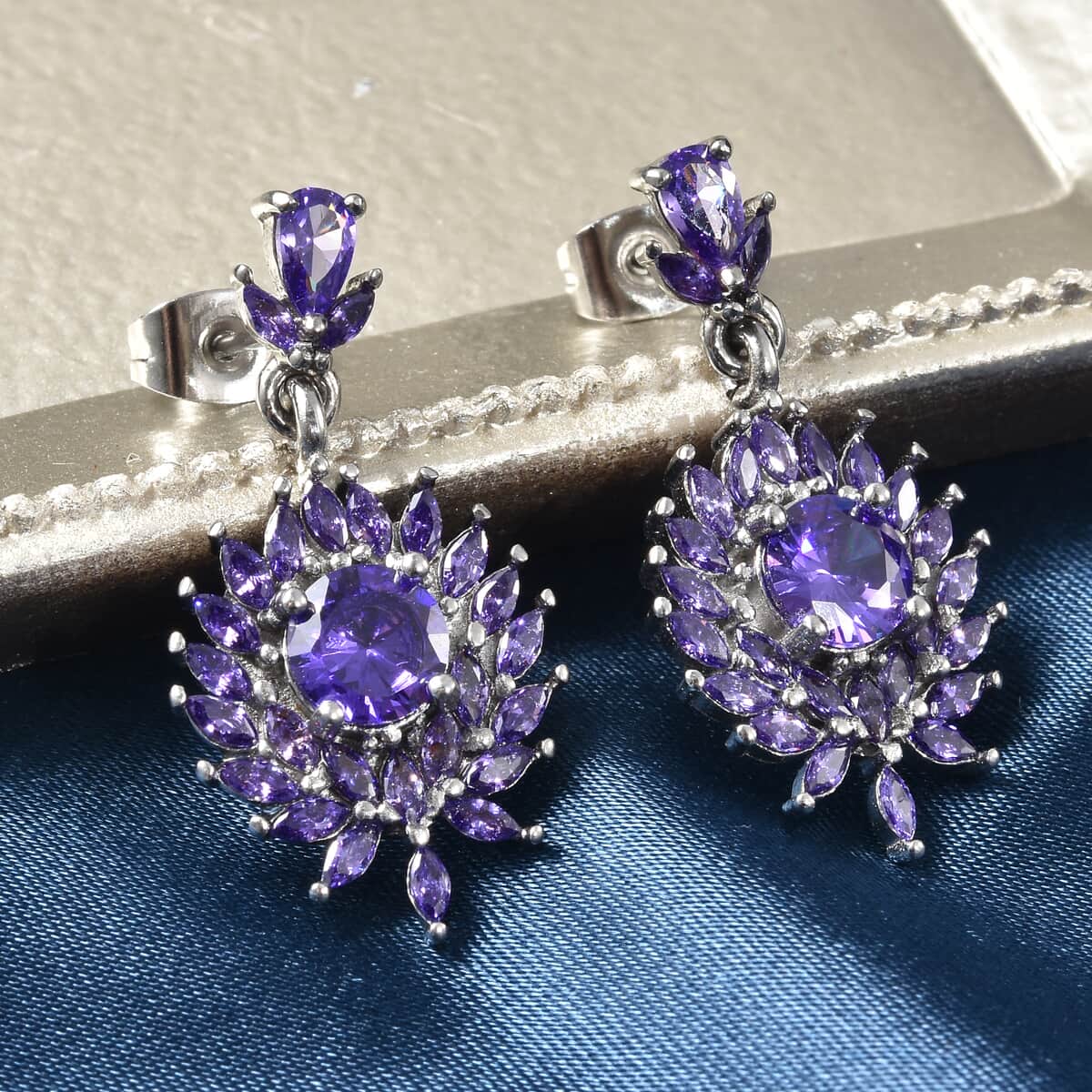 Simulated Purple Diamond Floral Earrings in Stainless Steel 5.60 ctw image number 1