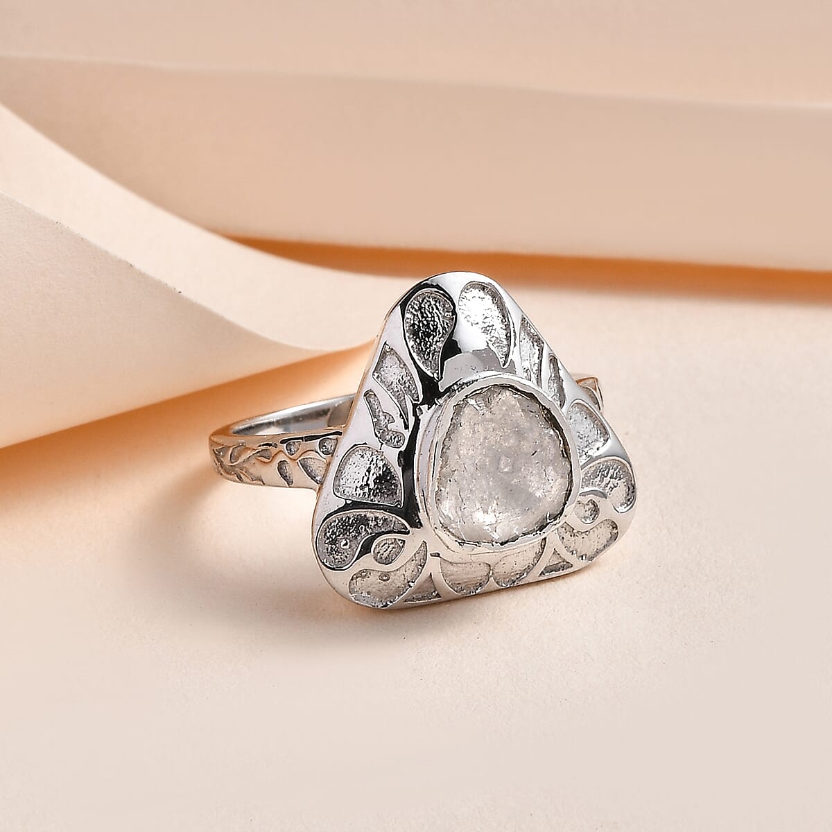 Polki Diamond Solitaire Ring in Platinum Over Sterling Silver (Size 10.0) 0.33 ctw