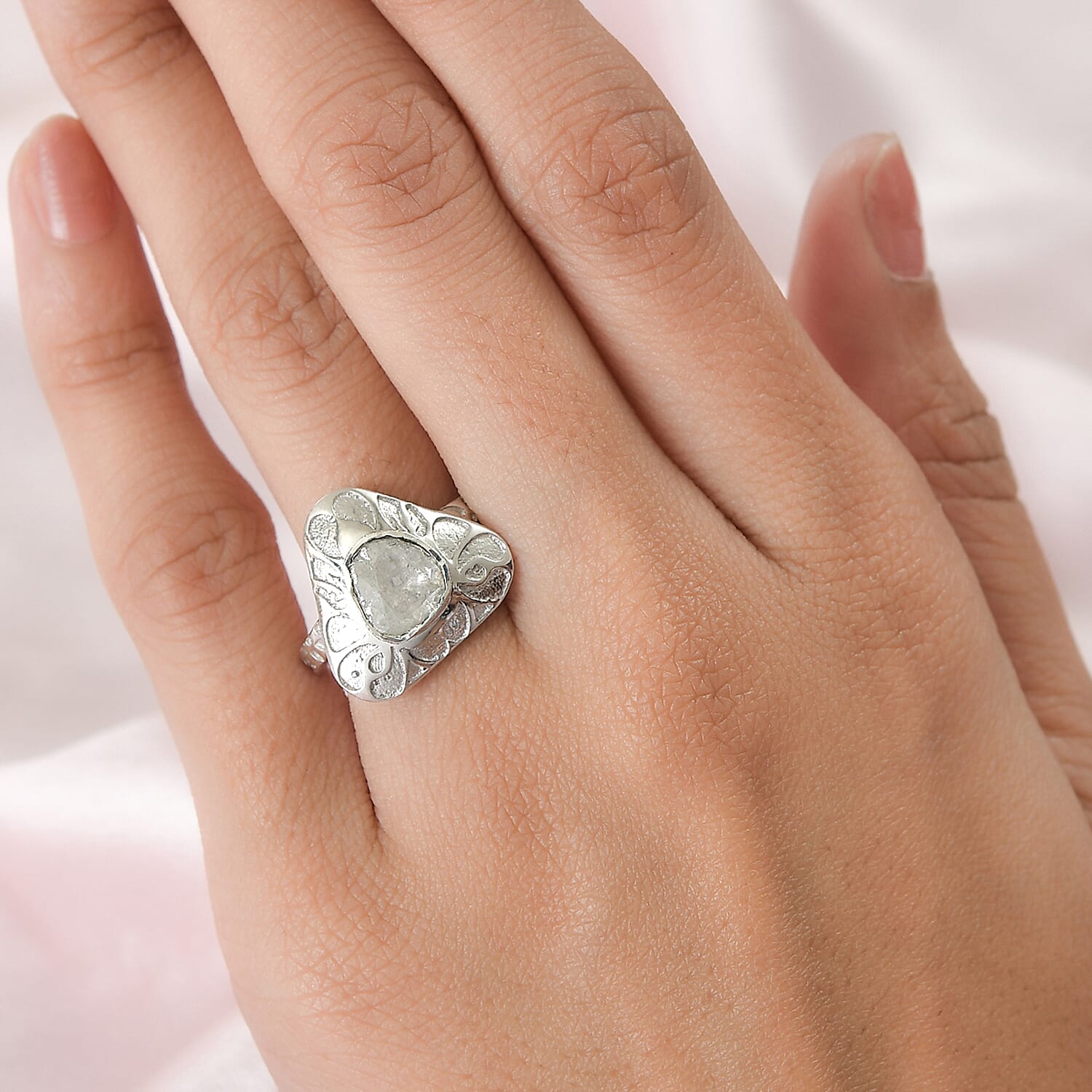 Polki Diamond Solitaire Ring in Platinum Over Sterling Silver (Size 10.0) 0.33 ctw