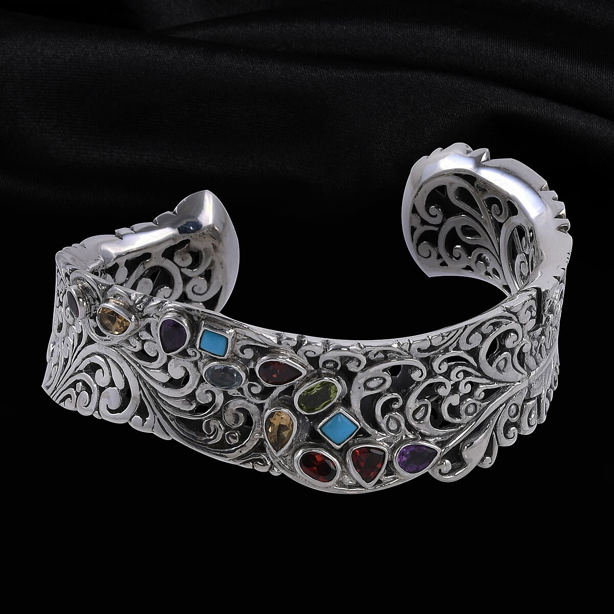 Bali Legacy Multi Gemstone Cuff Bracelet in Sterling Silver (7.25 In) 70 Grams 4.20 ctw image number 1