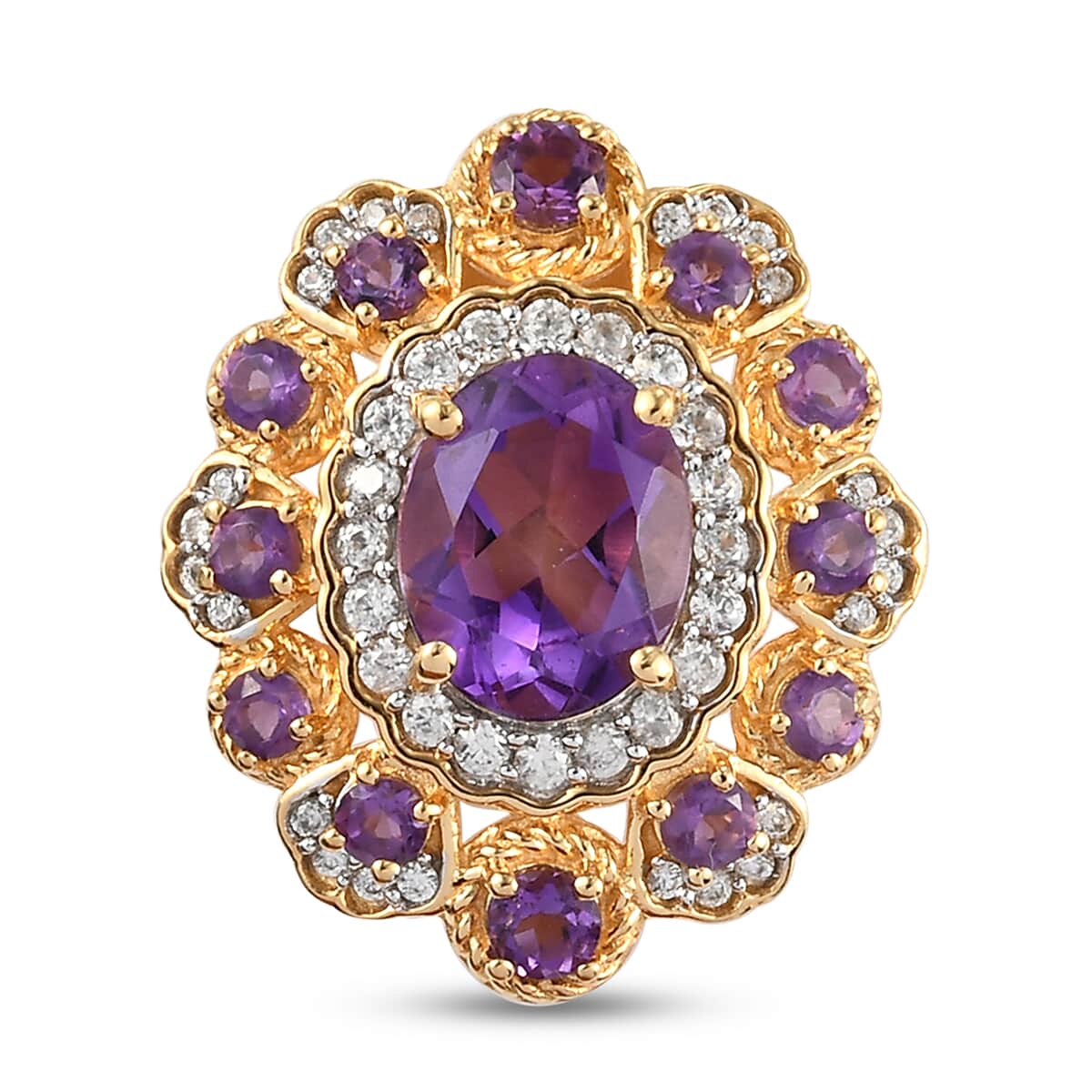 SUMMER DEALS Amethyst and Natural White Zircon Floral Brooch in Vermeil Yellow Gold Over Sterling Silver 3.65 ctw image number 0