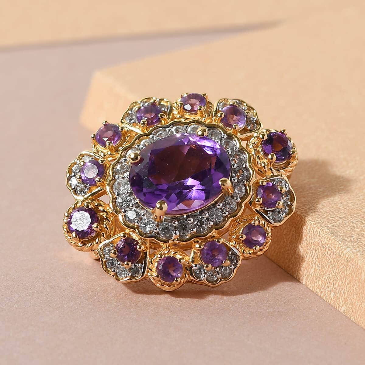 SUMMER DEALS Amethyst and Natural White Zircon Floral Brooch in Vermeil Yellow Gold Over Sterling Silver 3.65 ctw image number 1