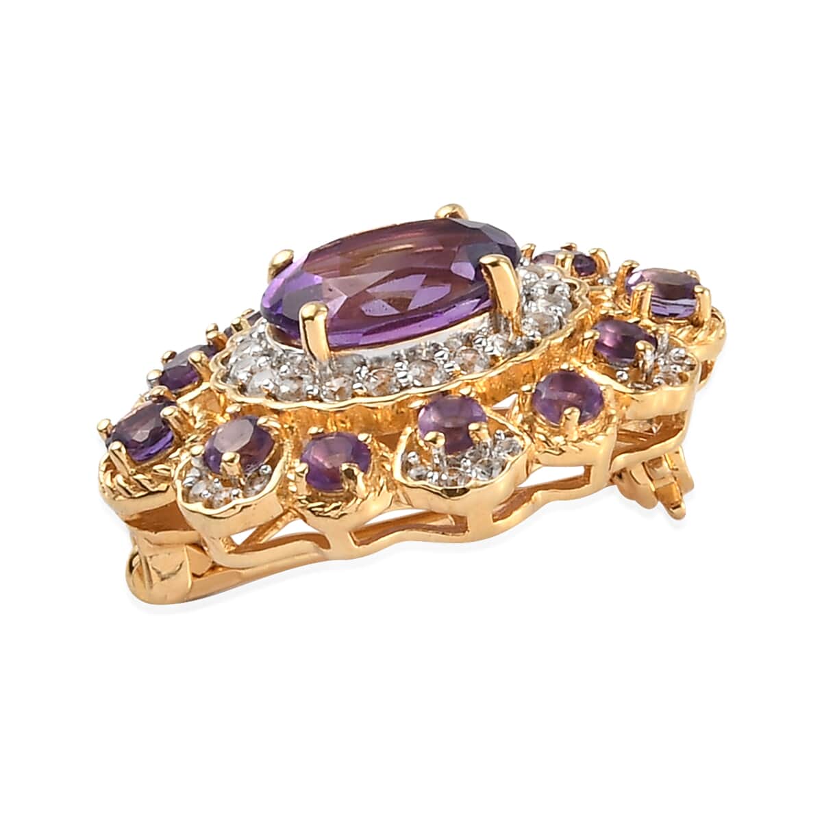 SUMMER DEALS Amethyst and Natural White Zircon Floral Brooch in Vermeil Yellow Gold Over Sterling Silver 3.65 ctw image number 3