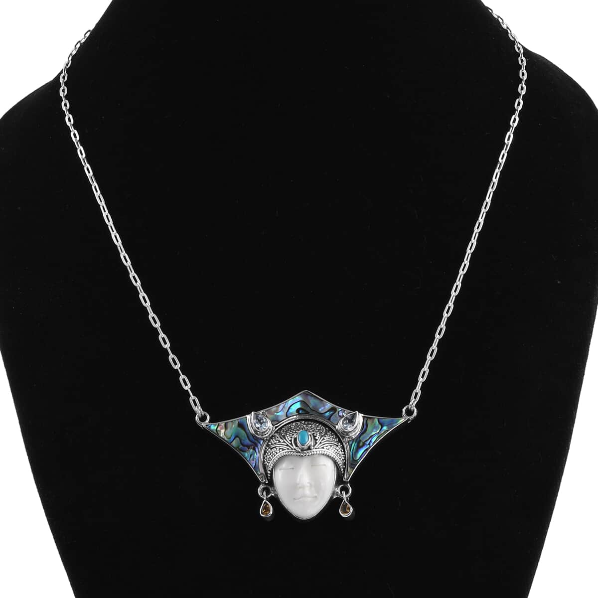 Bali Goddess Carved Bone and Multi Gemstone Necklace 20 Inches in Sterling Silver 13.65 ctw image number 2
