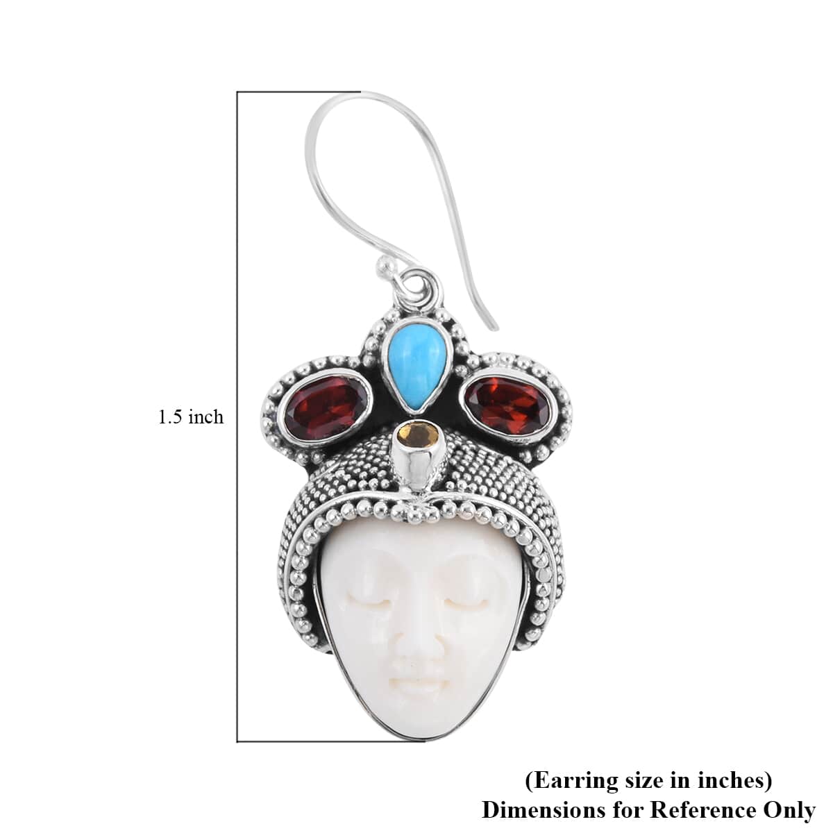 BALI GODDESS Carved Bone and Multi Gemstone Earrings in Sterling Silver 14.15 Grams 3.30 ctw image number 3