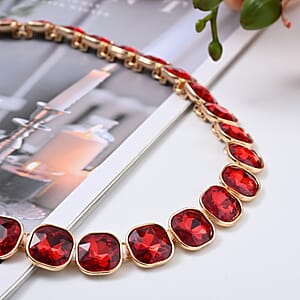 Simulated Red Sapphire Tennis Necklace 20 Inches in Goldtone