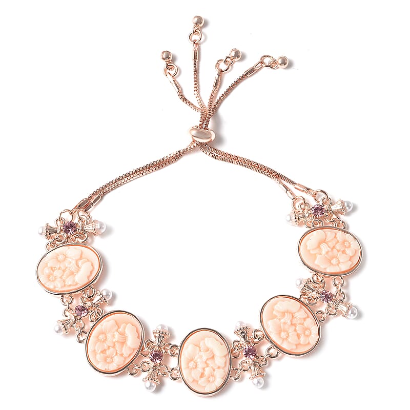 Pink Color Resin, Pink Austrian Crystal and Simulated Pearl Bolo Bracelet in Rosetone