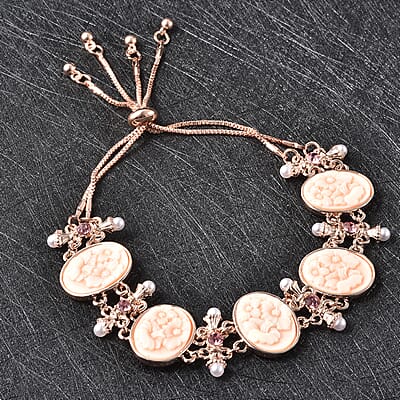 Pink Color Resin, Pink Austrian Crystal and Simulated Pearl Bolo Bracelet in Rosetone