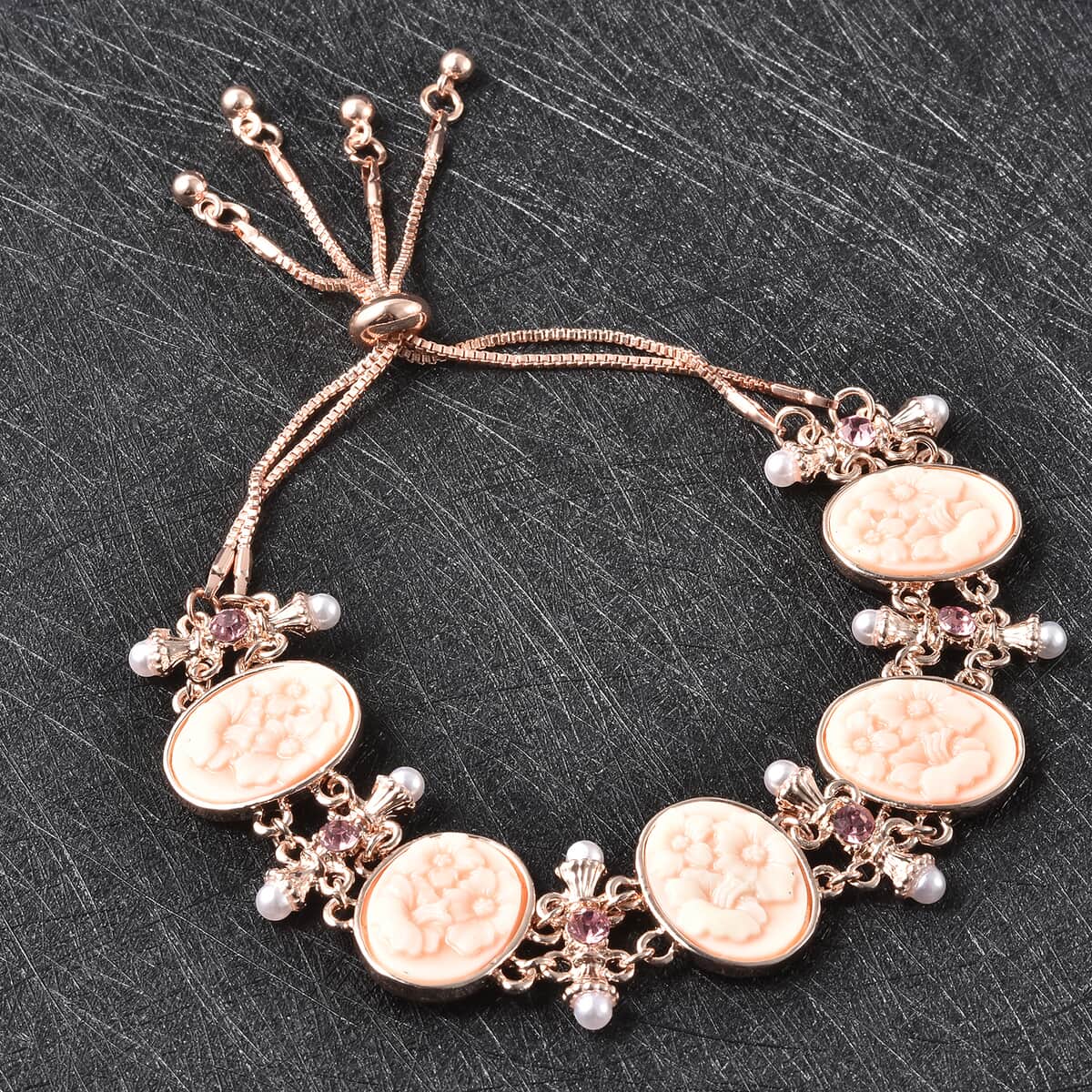 Pink Color Resin, Pink Austrian Crystal and Simulated Pearl Bolo Bracelet in Rosetone image number 1