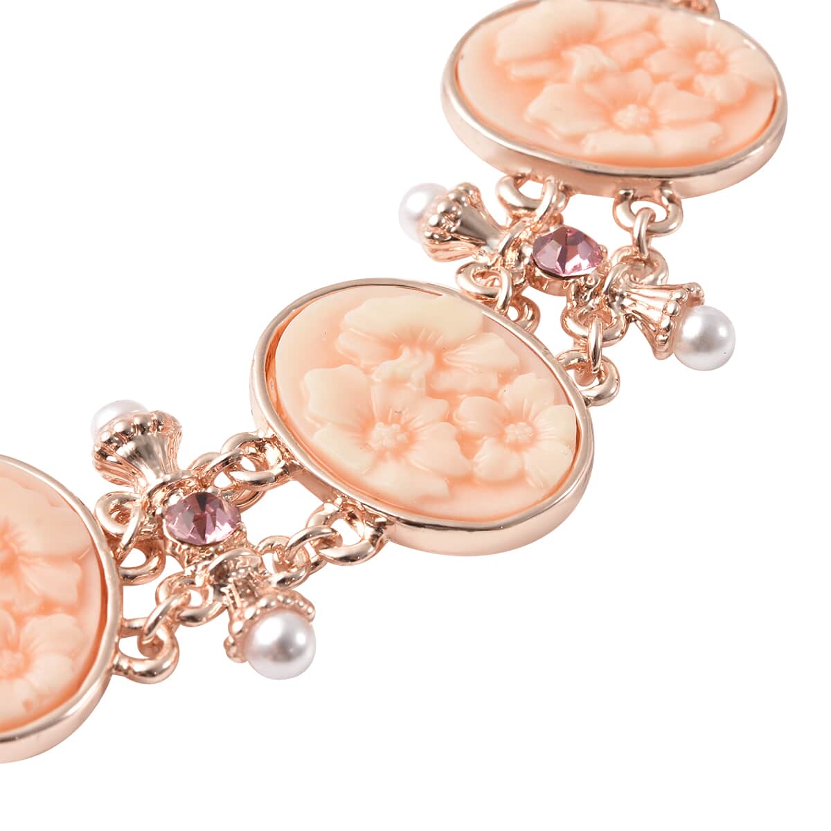 Pink Color Resin, Pink Austrian Crystal and Simulated Pearl Bolo Bracelet in Rosetone image number 3