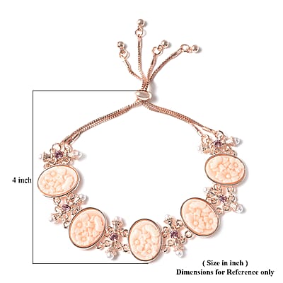Pink Color Resin, Pink Austrian Crystal and Simulated Pearl Bolo Bracelet in Rosetone