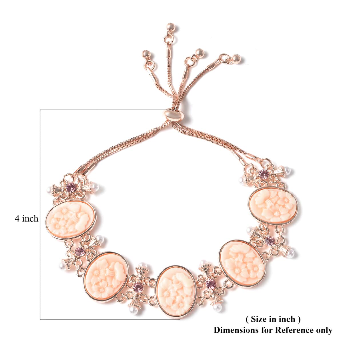 Pink Color Resin, Pink Austrian Crystal and Simulated Pearl Bolo Bracelet in Rosetone image number 6