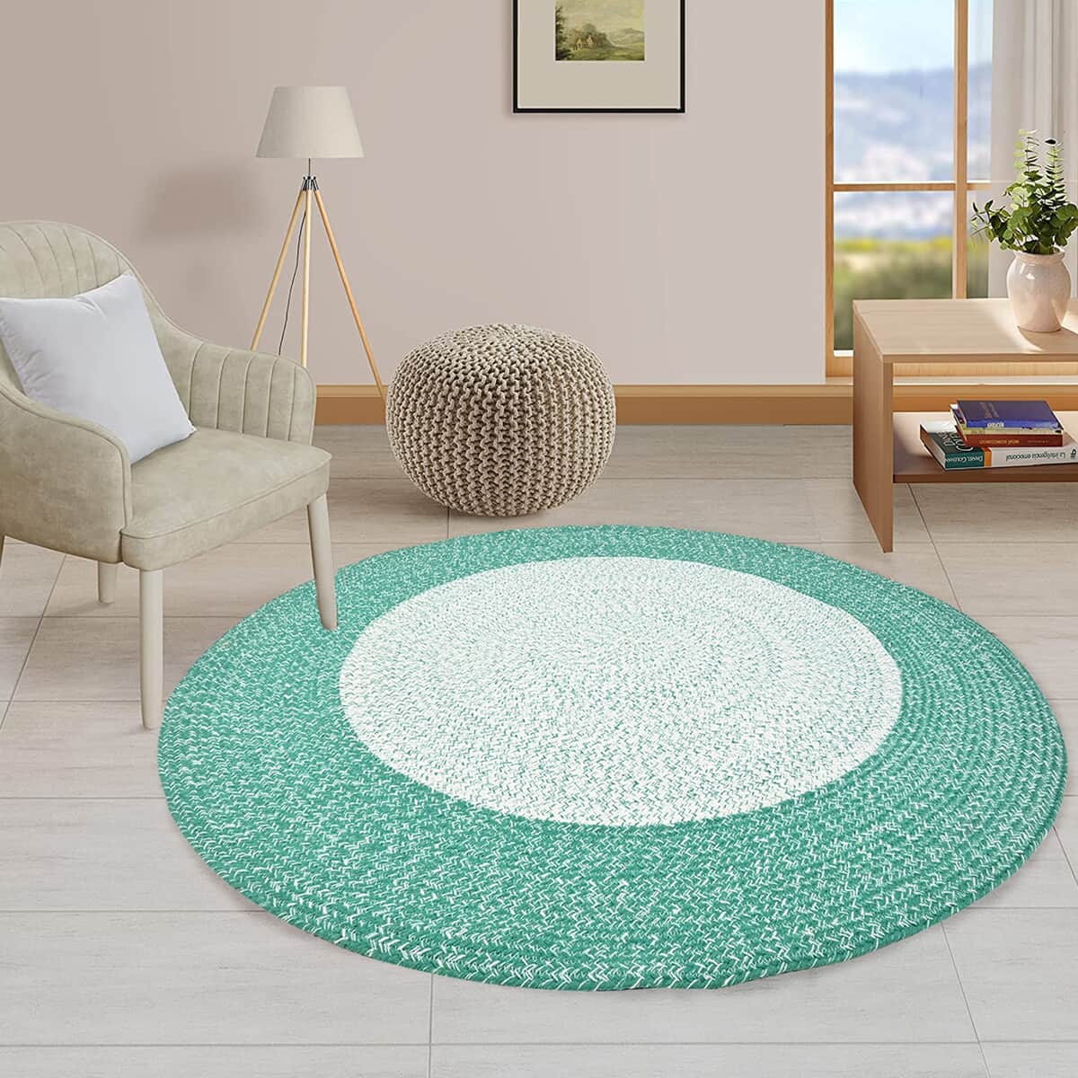 Green Circular Wool and Cotton Rug, Bedroom Rug, Living Room Rug, Indoor Outdoor Carpet, Carpets for Living Room Bedroom image number 1