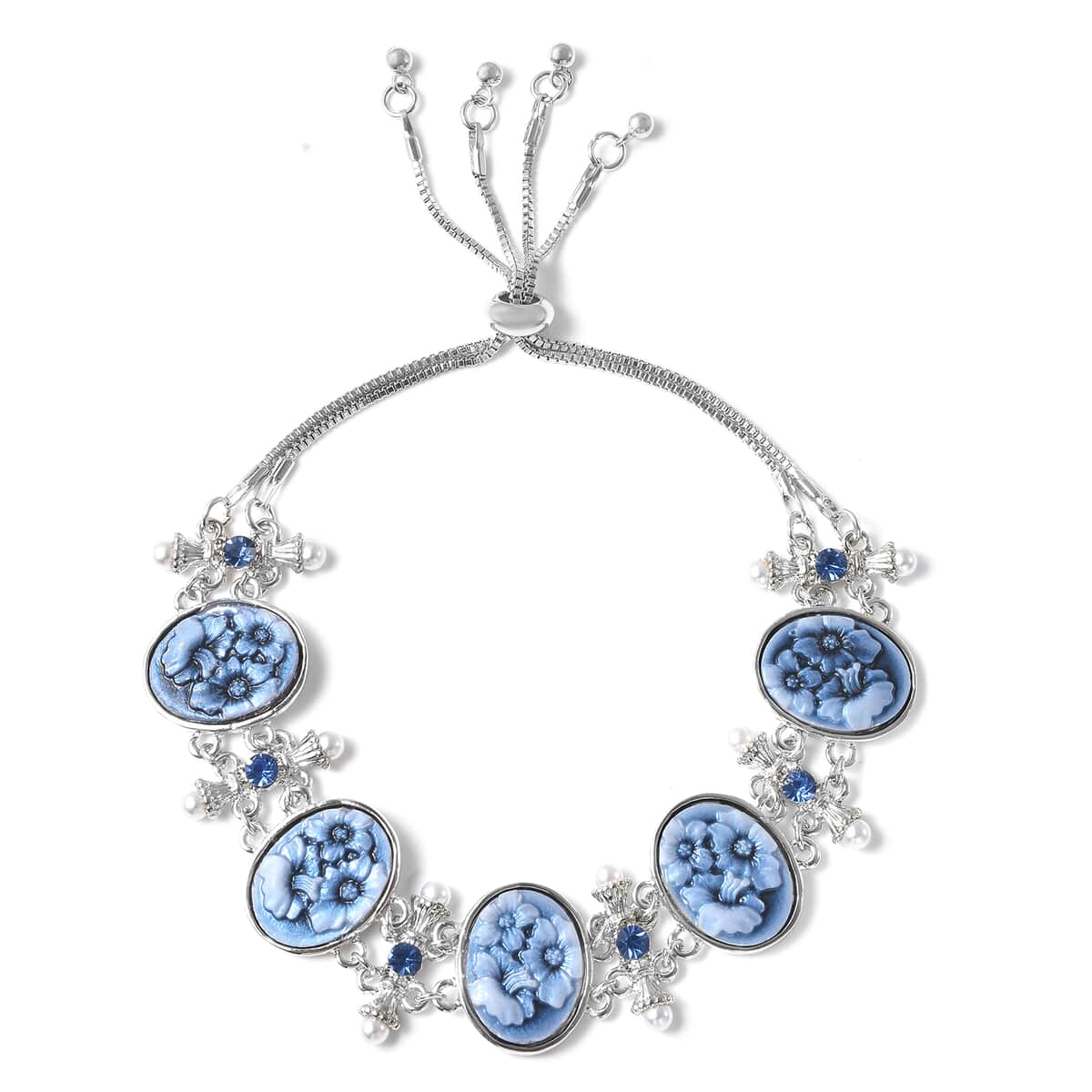 Blue Color Resin, Blue Austrian Crystal and Simulated Pearl Bolo Bracelet in Silvertone image number 0