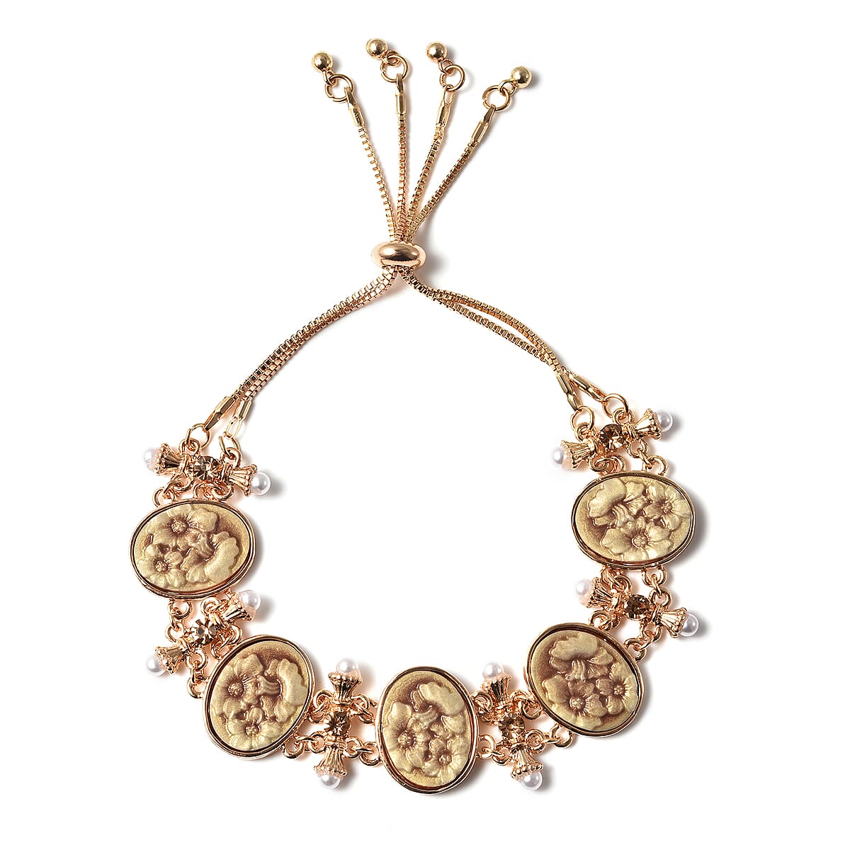 Champagne Resin and Champagne Austrian Crystal and Simulated Pearl Bolo Bracelet in Goldtone image number 0