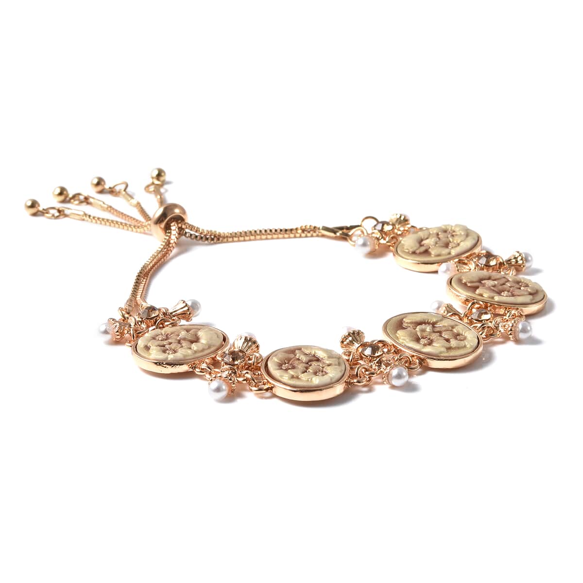 Champagne Resin and Champagne Austrian Crystal and Simulated Pearl Bolo Bracelet in Goldtone image number 2