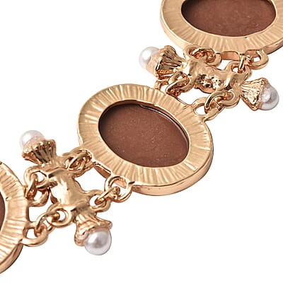 Champagne Resin and Champagne Austrian Crystal and Simulated Pearl Bolo Bracelet in Goldtone