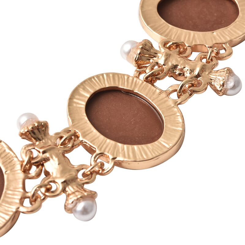 Champagne Resin and Champagne Austrian Crystal and Simulated Pearl Bolo Bracelet in Goldtone