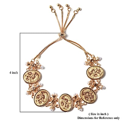 Champagne Resin and Champagne Austrian Crystal and Simulated Pearl Bolo Bracelet in Goldtone