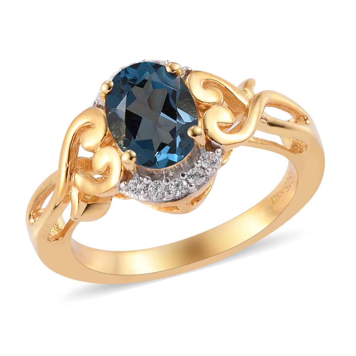 London Blue Topaz and Natural White Zircon Ring in Vermeil Yellow Gold Over Sterling Silver (Size 7.0) 1.40 ctw image number 0