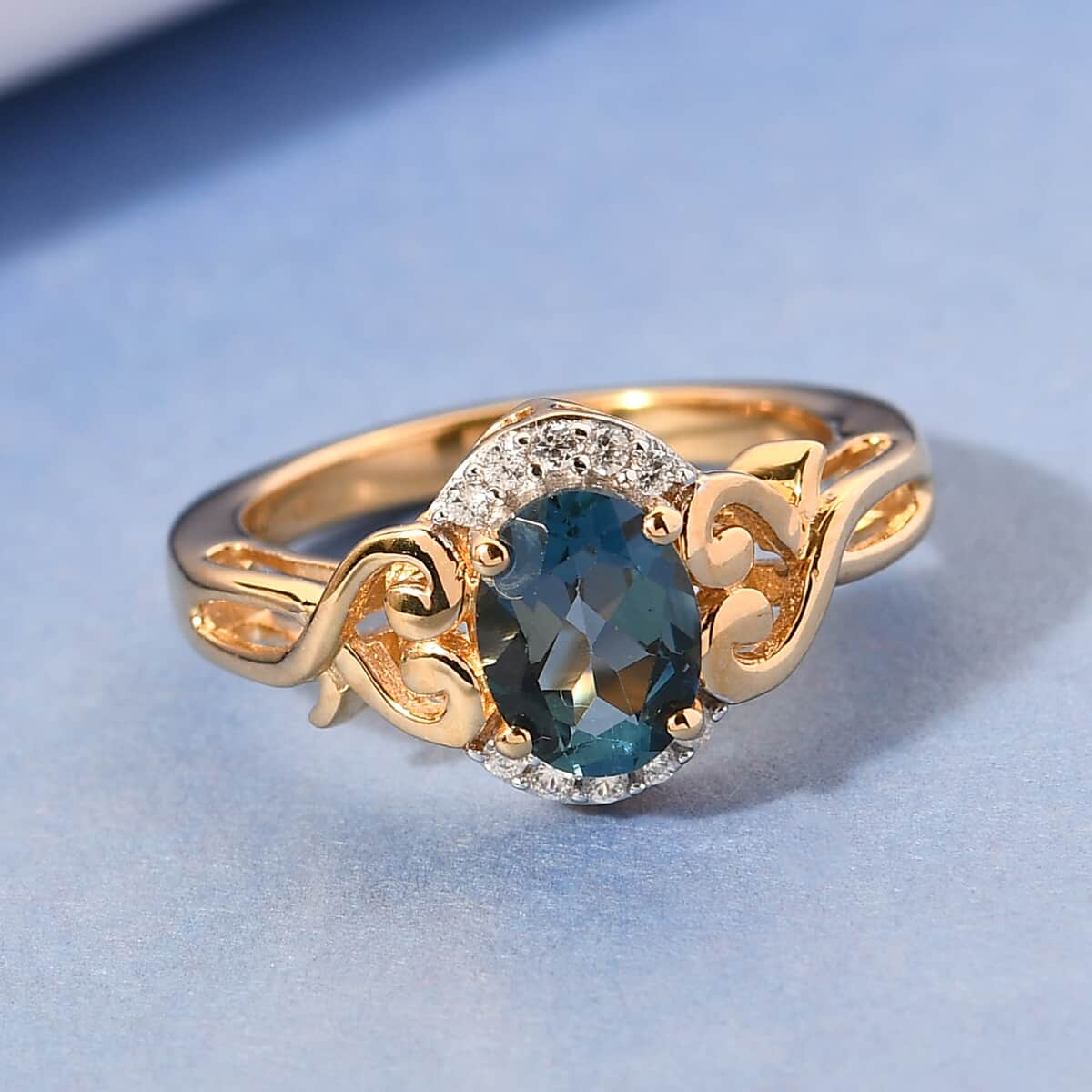London Blue Topaz and Natural White Zircon Ring in Vermeil Yellow Gold Over Sterling Silver (Size 7.0) 1.40 ctw image number 1