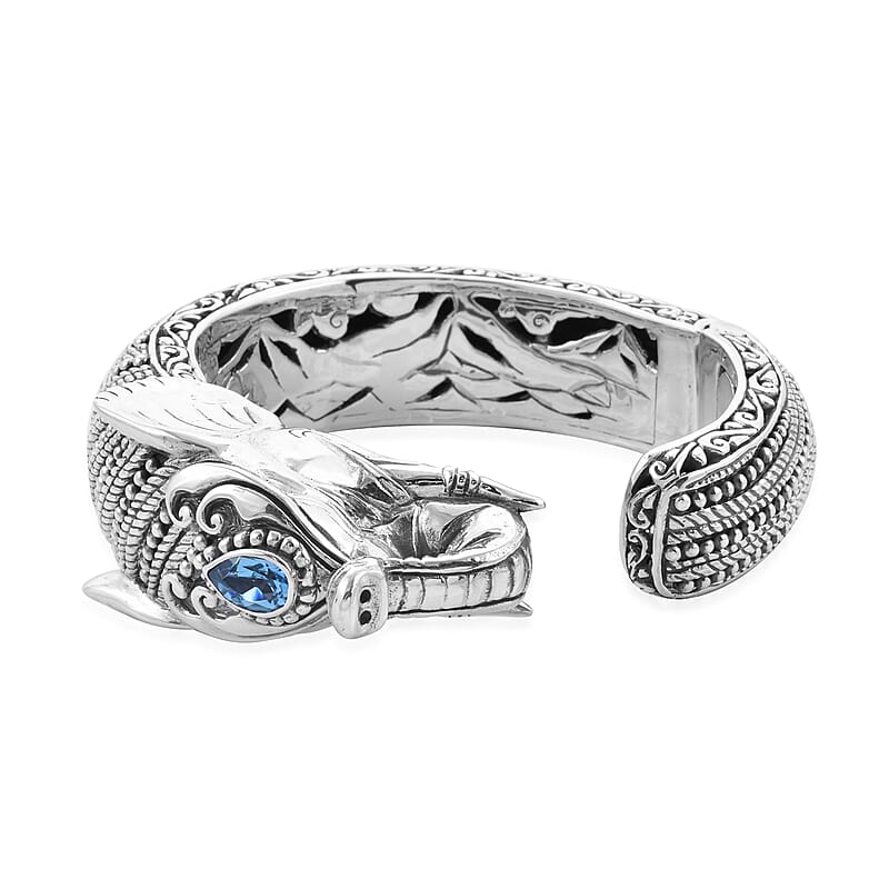 Bali Legacy Blue Topaz and Thai Black Spinel Elephant Cuff Bracelet in Sterling Silver (7.50 In) 102.25 Grams 2.00 ctw