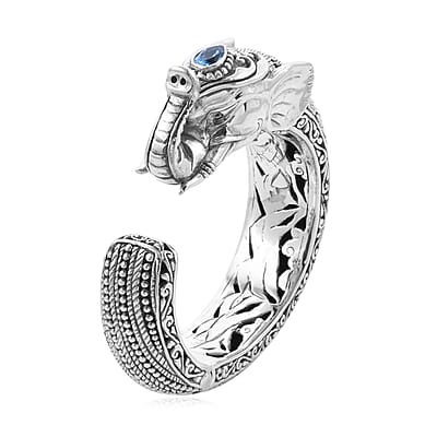 Bali Legacy Blue Topaz and Thai Black Spinel Elephant Cuff Bracelet in Sterling Silver (7.50 In) 102.25 Grams 2.00 ctw
