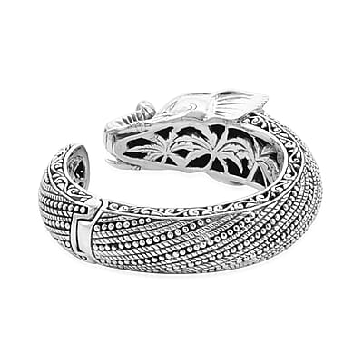 Bali Legacy Blue Topaz and Thai Black Spinel Elephant Cuff Bracelet in Sterling Silver (7.50 In) 102.25 Grams 2.00 ctw