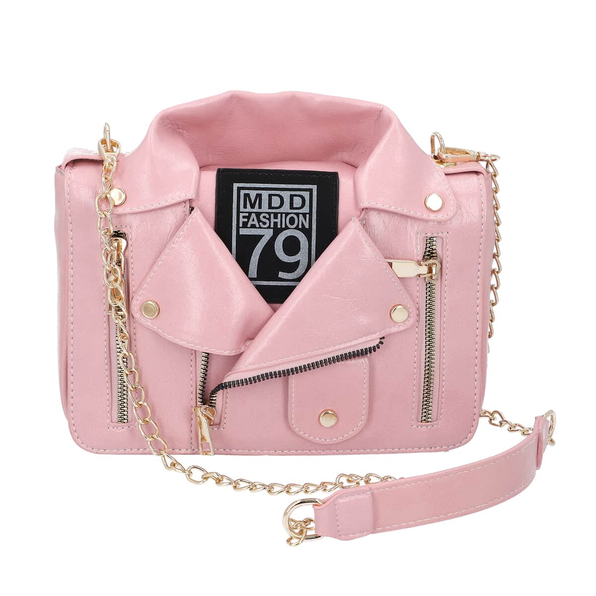 Pink Faux Leather Jacket Crossbody Bag with Shoulder Strap image number 0