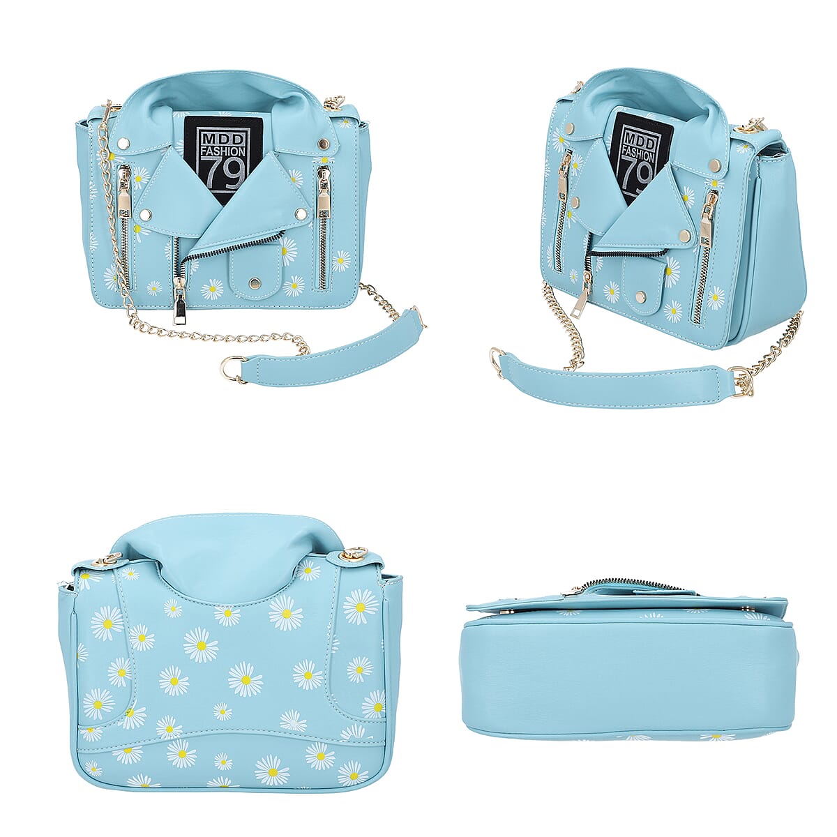 Light Blue with Daisy Faux Leather Jacket Crossbody Bag with Shoulder Strap image number 1