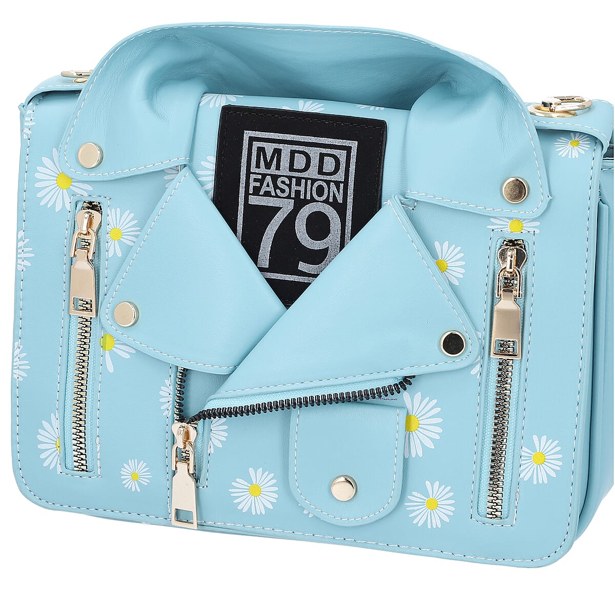 Light Blue with Daisy Faux Leather Jacket Crossbody Bag with Shoulder Strap image number 2