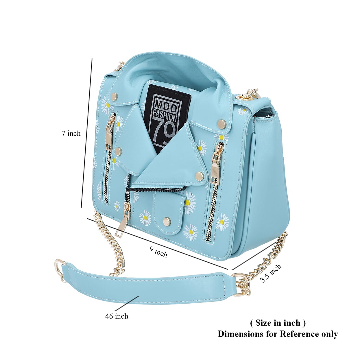 Light Blue with Daisy Faux Leather Jacket Crossbody Bag with Shoulder Strap image number 4